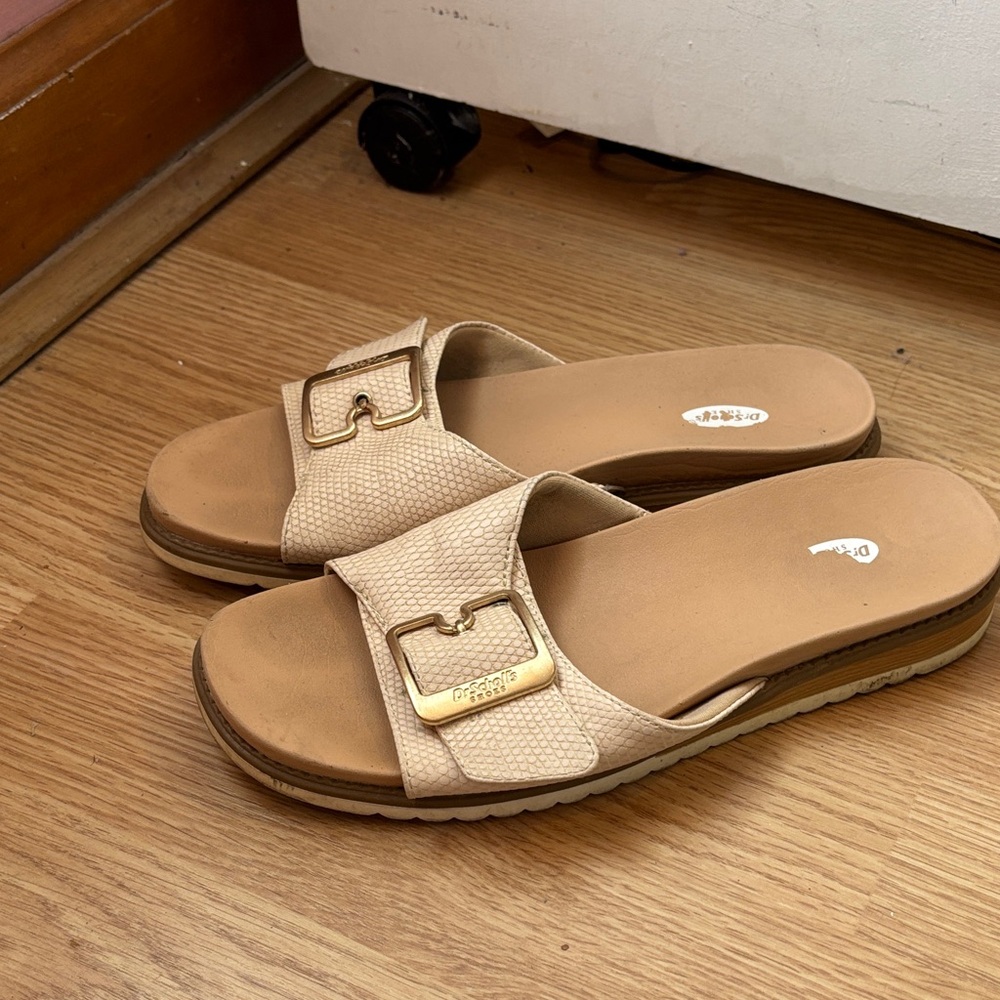 Beige Textured Slide Sandals with Gold Buckle